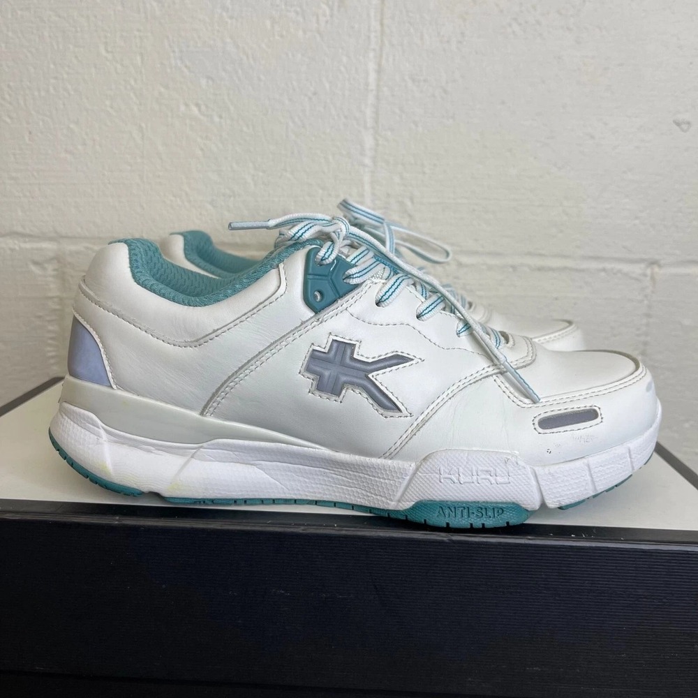 Kuru Kinetic 2.0 Anti-Slip White Blue Leather Walking Sneaker Shoes Womens 6.5 M